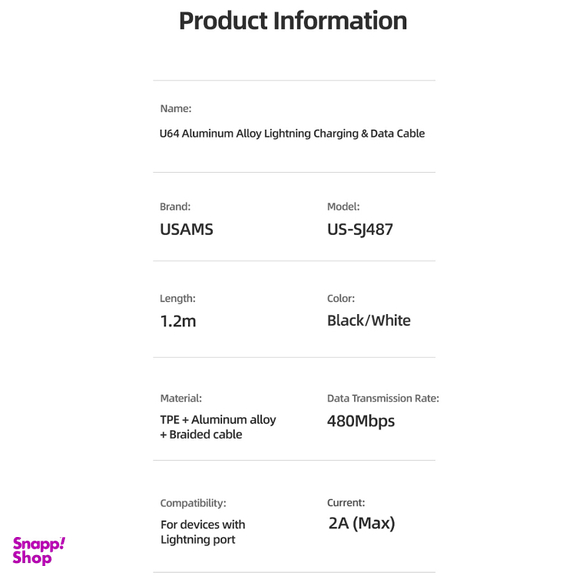 کابل تبدیل USB به لایتنینگ یوسمز (USAMS) مدل SJ487 U64 طول 1 متر