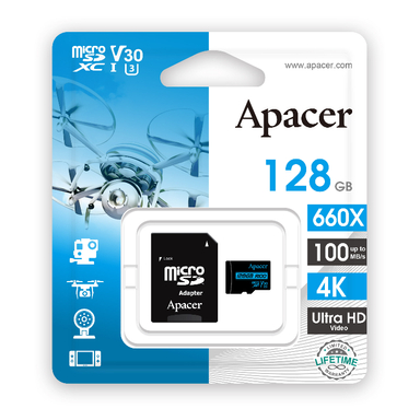 کارت حافظه microSDXC اپیسر (Apacer) مدل V30 کلاس 10 استاندارد UHS-I U3 سرعت 100MBps ظرفیت 128 گیگابایت به همراه آداپتور SD