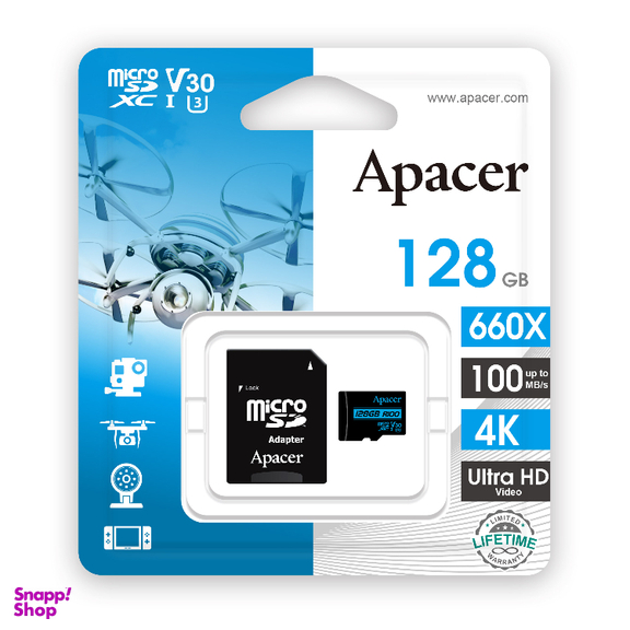 کارت حافظه microSDXC اپیسر (Apacer) مدل V30 کلاس 10 استاندارد UHS-I U3 سرعت 100MBps ظرفیت 128 گیگابایت به همراه آداپتور SD