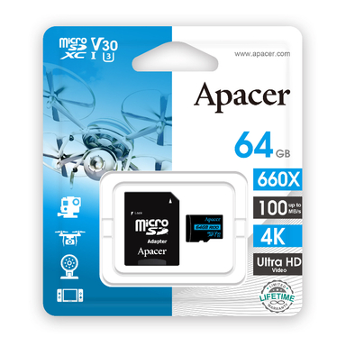 کارت حافظه microSDXC اپیسر (Apacer) مدل V30 کلاس 10 استاندارد UHS-I U3 سرعت 100MBps ظرفیت 64 گیگابایت به همراه آداپتور SD