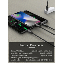 کابل تبدیل USB به MicroUSB / USB-C / لایتنینگ پاواریال (Pavareal) مدل DC66 طول 1٫2 متر