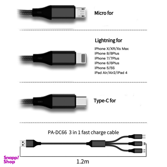 کابل تبدیل USB به MicroUSB / USB-C / لایتنینگ پاواریال (Pavareal) مدل DC66 طول 1٫2 متر