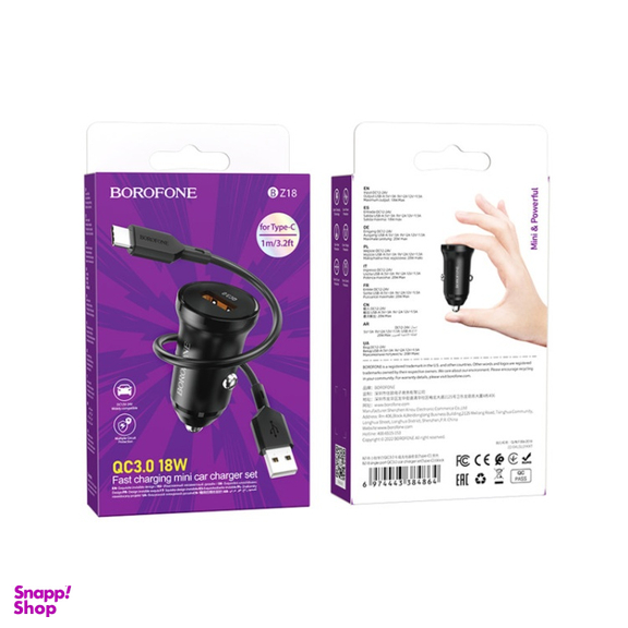 شارژر فندکی بروفون (Borofone) مدل BZ18 QC3٫0 18W به همراه کابل تبدیل USB-C