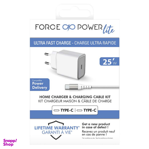 شارژر دیواری فورس (Force) مدل FPLICS25WCBLCCW USB-C PD با کابل USB-C 1٫2 متری
