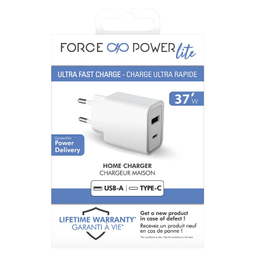 شارژر دیواری فورس (Force) مدل FPLICS2AC37WPDW PD با ظرفیت 37 وات و دو پورت USB-C و USB-A