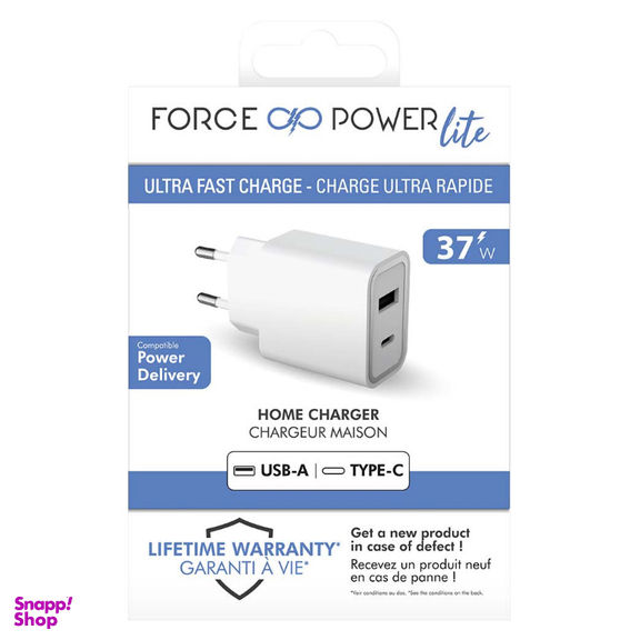 شارژر دیواری فورس (Force) مدل FPLICS2AC37WPDW PD با ظرفیت 37 وات و دو پورت USB-C و USB-A