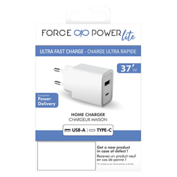 شارژر دیواری فورس (Force) مدل FPLICS2AC37WPDW PD با ظرفیت 37 وات و دو پورت USB-C و USB-A
