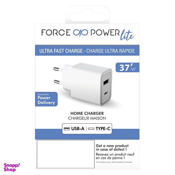 شارژر دیواری فورس (Force) مدل FPLICS2AC37WPDW PD با ظرفیت 37 وات و دو پورت USB-C و USB-A