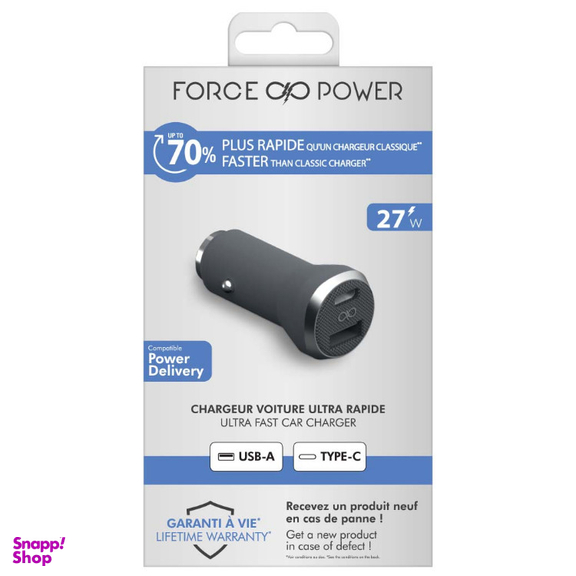 شارژر فندکی 37 وات فورس (Force) مدل FPCAC37W2USBACG Power Delivery