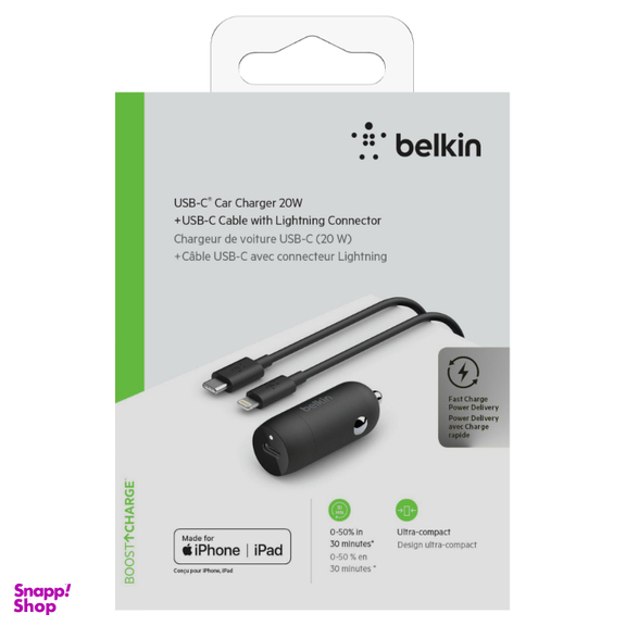 شارژر فندکی شارژ سریع USB-C بلکین (Belkin) مدل CCA003bt04BK با کابل USB-C به لایتنینگ
