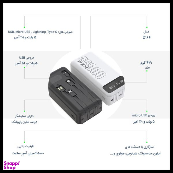 شارژر همراه پی زد ایکس (PZX) مدل C166 ظرفیت 45000 میلی آمپر ساعت