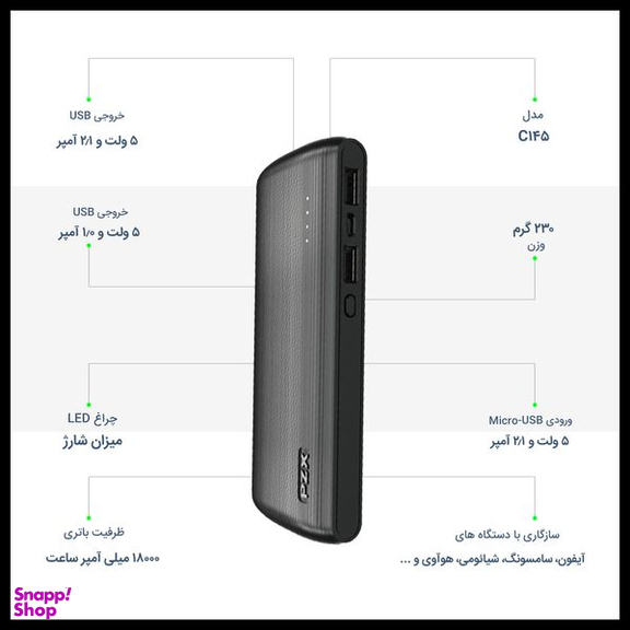 شارژر همراه پی زد ایکس (PZX) مدل C145 ظرفیت 18000 میلی آمپر ساعت