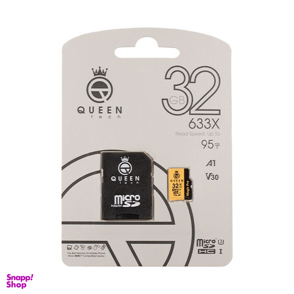 کارت حافظه MicroSD HC کویین تک (Queen Tech) مدل A1-V30-633X ظرفیت 32 گیگابایت به همراه آداپتور SD