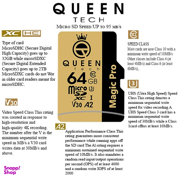 کارت حافظه MicroSD HC کویین تک (Queen Tech) مدل A2-V30-633X ظرفیت 64 گیگابایت به همراه آداپتور SD