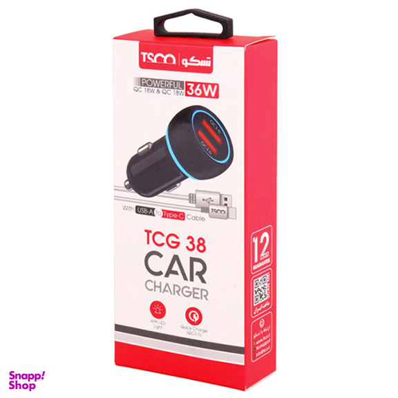 شارژر فندکی تسکو (Tsco) مدل TCG 38 QC3.0 PD 36W به همراه کابل Type-C