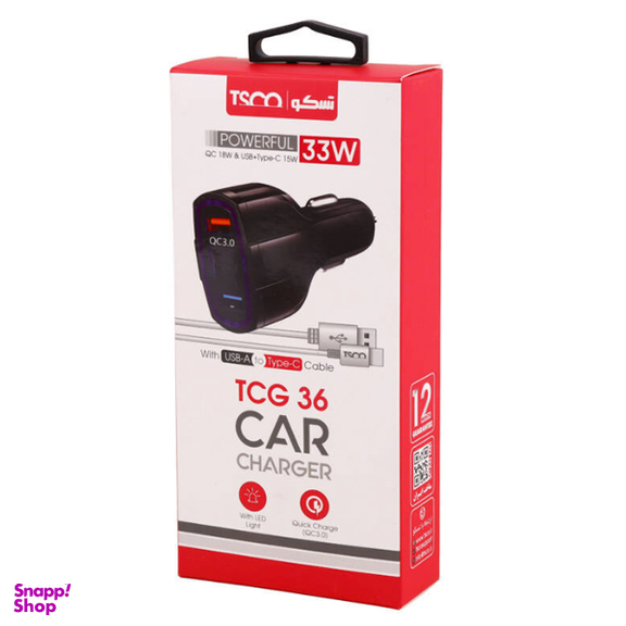 شارژر فندکی تسکو مدل TCG 36 QC3.0 PD 33W به همراه کابل Type-C