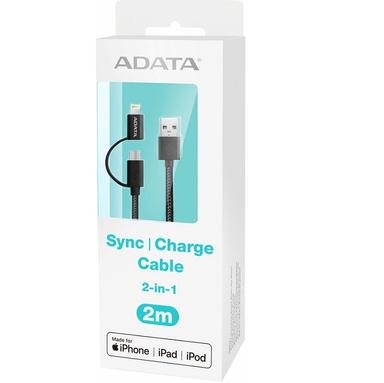 کابل تبدیل USB به MicroUSB و لایتنینگ ای دیتا (Adata) مدل AMFI2IN1-200CMK-CBK