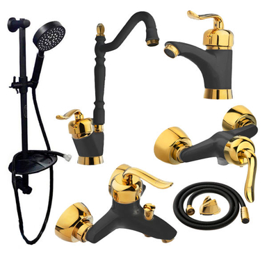 ست شیرآلات فراست پویا مدل قاجاری به همراه علم دوش حمام و شلنگ توالت