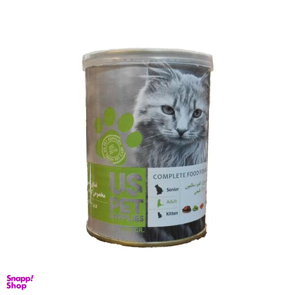 کنسرو گربه بالغ یو اس پت مدل گوشت مرغ و سالمون و کد و وزن 400 گرم