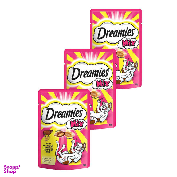 غذای تشویقی گربه دریمز مدل Dreamies Snack With Beef And Chese وزن 60 گرم بسته 3 عددی
