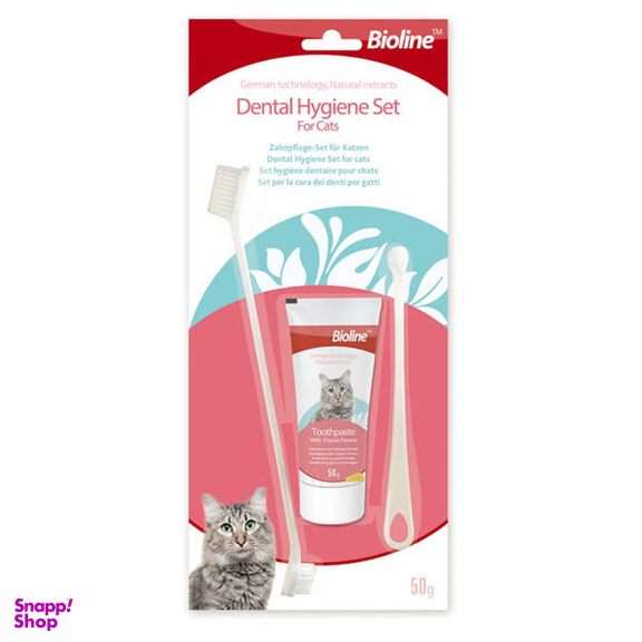 ست مسواک و خمیر دندان گربه بایولاین مدل Dental Hygiene Set -Cheese Flavor وزن 50 گرم
