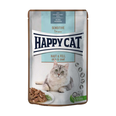 پوچ گربه هپی کت (Happy Cat) پوست و مو مدل Happy Cat Sensitive Skin & Coat وزن 85 گرم