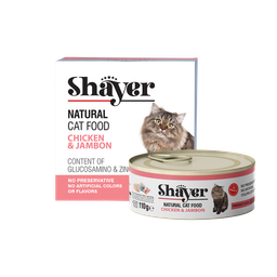 کنسرو غذای گربه شایر (Shayer) با طعم مرغ و ژامبون در سس گوشت وزن 110 گرم