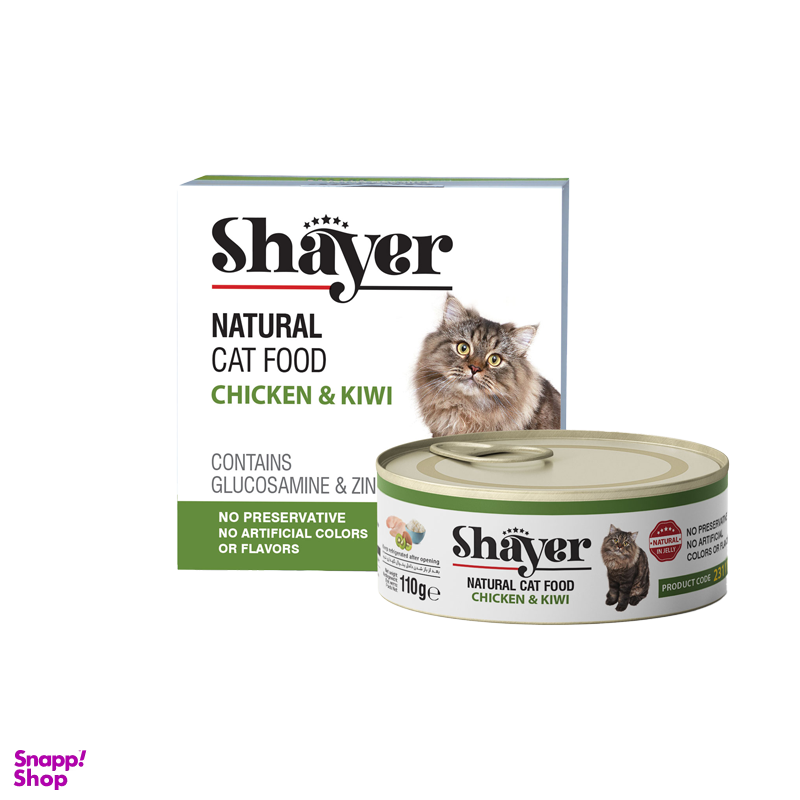 کنسرو غذای گربه شایر (Shayer) با طعم مرغ و کیوی در ژله وزن 110 گرم