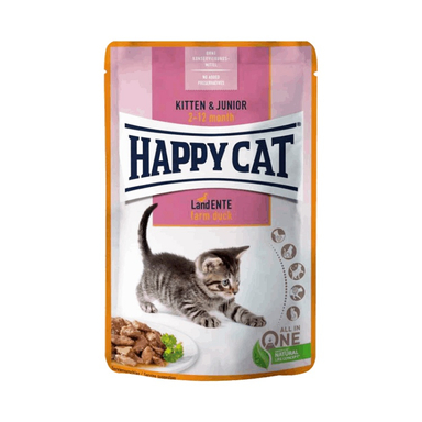 پوچ بچه گربه هپی کت با طعم اردک مدل Kitten & Junior وزن 85 گرم