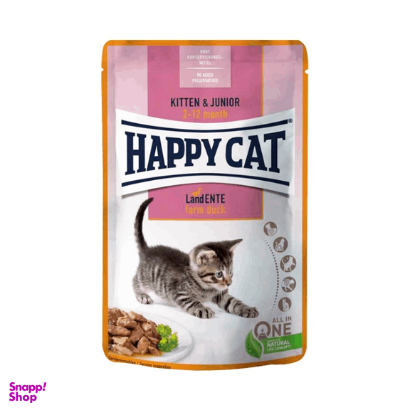 پوچ بچه گربه هپی کت با طعم اردک مدل Kitten & Junior وزن 85 گرم