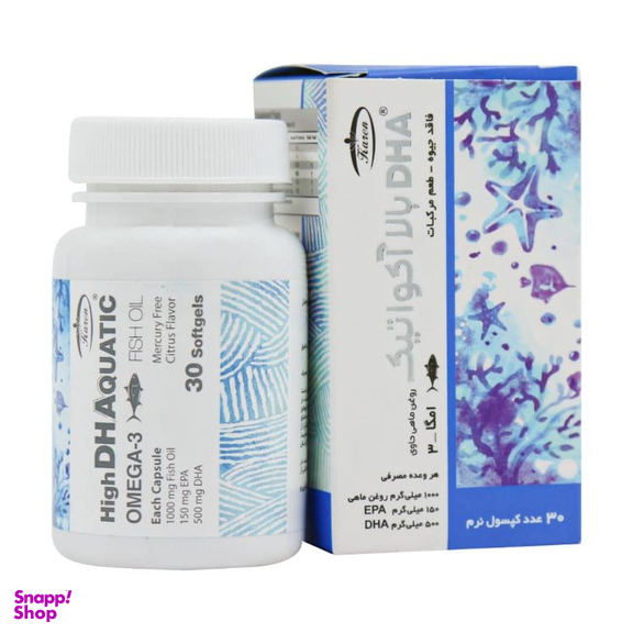 کپسول روغن ماهی بدون جیوه حاوی DHA بالا آکواتیک داروسازی کارن طعم مرکبات بسته 30 عددی