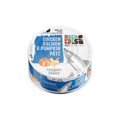 کنسرو غذای گربه بالغ دی پی اس مدل پته با طعم گوشت مرغ و سالمون و کدو وزن 200 گرم