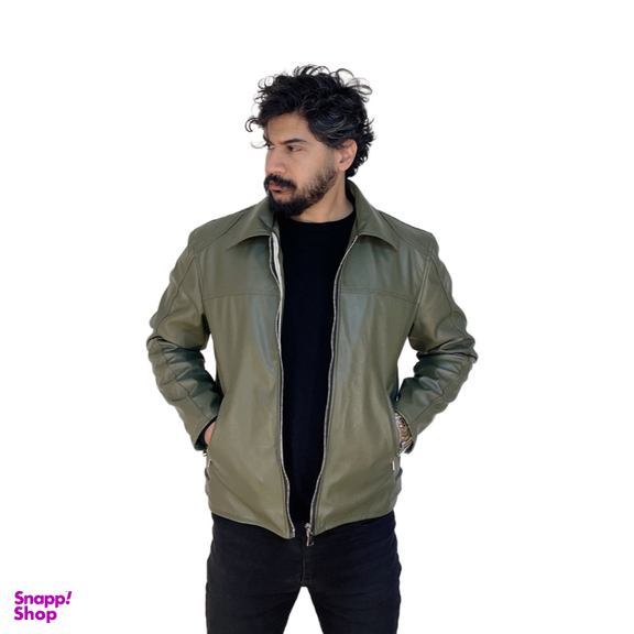 کاپشن چرم مردانه مدل کلاسیک رنگ سبز