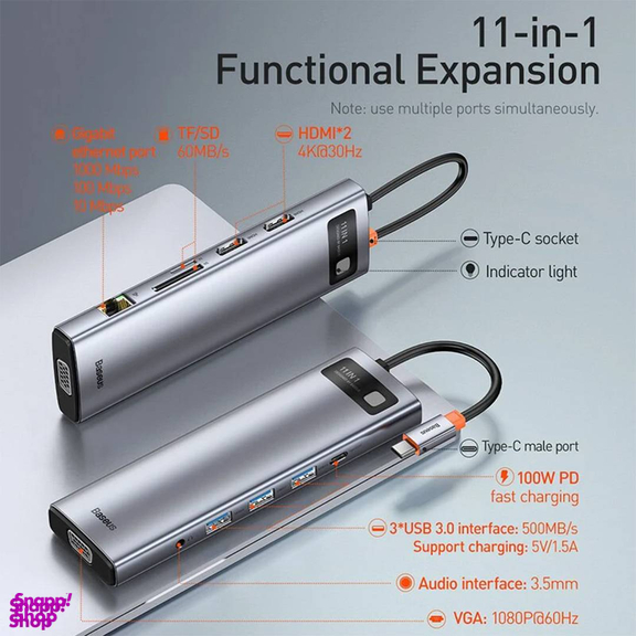 هاب 11 پورت Type-C بیسوس مدل Metal Gleam Series CAHUB-CT0G