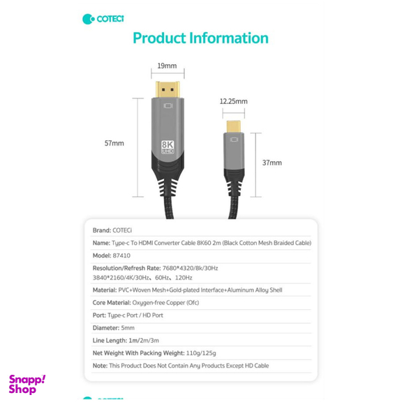 کابل تبدیل Type-C به HDMI کوتتسی مدل 87410 طول 3 متر