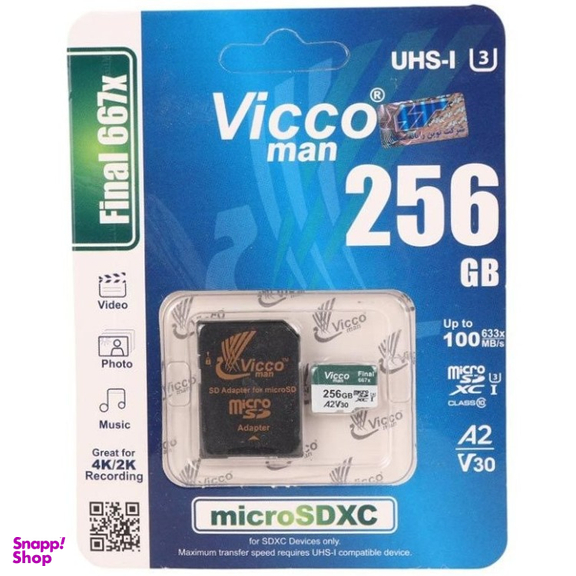 کارت حافظه MicroSDXC ویکومن مدل Man Final 667X A2 V30 U3 100MB/s ظرفیت 256 گیگابایت به همراه آداپتور