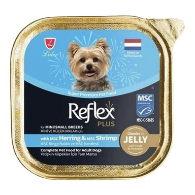 ووم سگ بالغ رفلکس پلاس طعم ماهی هرینگ و میگو چانکی در ژله وزن 85 گرم