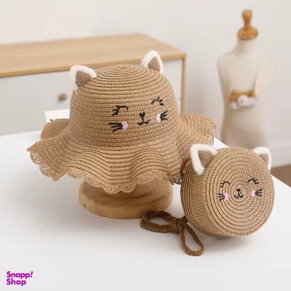 ست هدیه کیف و کلاه کنفی بچگانه طرح گربه مدل ساحلی