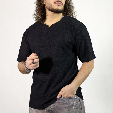 تیشرت بیسکویتی یقه کوبایی مردانه کد 183 رنگ مشکی