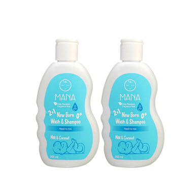 شامپو سر و بدن بچه مانا مدل پروتئین شیر روغن نارگیل حجم 400 میلی لیتر مجموعه 2 عددی