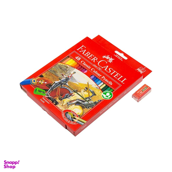 مداد رنگی 48 رنگ فابرکاستل مدل Classic به همراه پاک کن رنگ قرمز