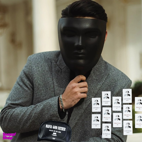 ماسک ایفای نقش مافیا مدل اشرافی بسته 12 عددی رنگ مشکی به همراه 30 کارت بازی