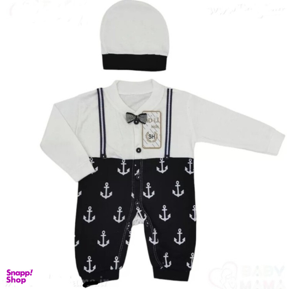 ست سرهمی و کلاه نوزاد مدل پسر بازیگوش کد 2514 رنگ سفید مشکی