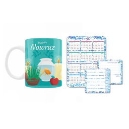 ماگ مدل عید نوروز طرح شمع و هفت سین به همراه تقویم سال 1403 کد 001 و صفحه وایت برد مجموعه ۲ عددی