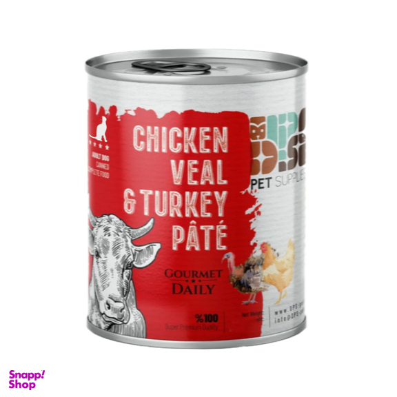 کنسرو غذای گربه بالغ دی پی اس مدل پته طعم مرغ و گوساله و بوقلمون وزن ۸۰۰ گرم