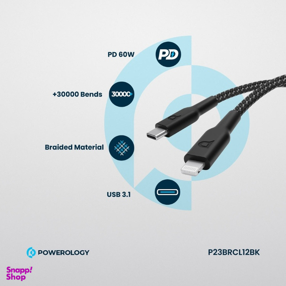 کابل دیتا 60 وات Type-C به Lightning پاورولوژی مدل Braided طول 1.2 متر
