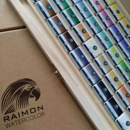 آبرنگ 55 رنگ رایمون مدل جعبه چوبی کد R55