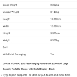 پاوربانک جووی مدل jp-289 Wireless ظرفیت 20000 میلی آمپر ساعت
