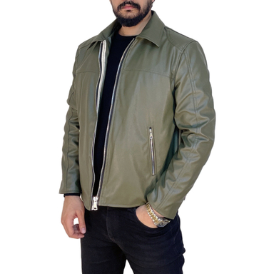 کاپشن چرم مردانه مدل کلاسیک رنگ سبز