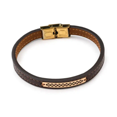 دستبند چرم و طلا 18 عیار مردانه داریم طرح بند کد D05